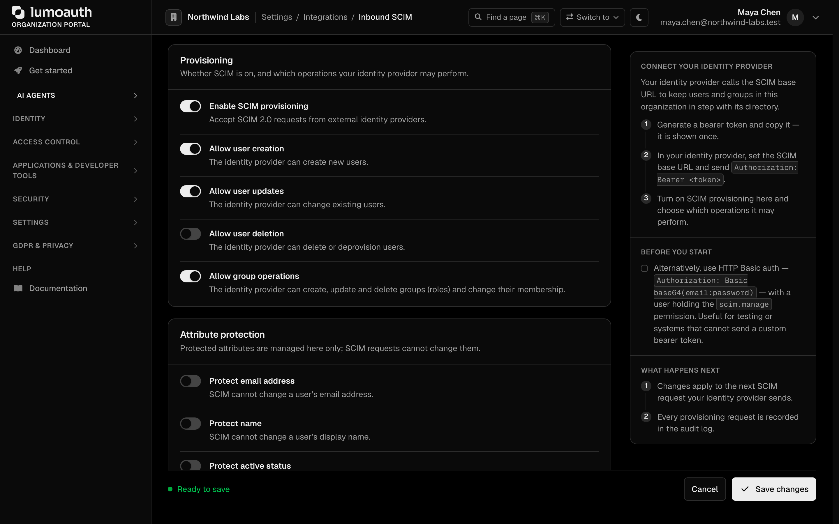 The Provisioning switches on the Inbound SCIM page