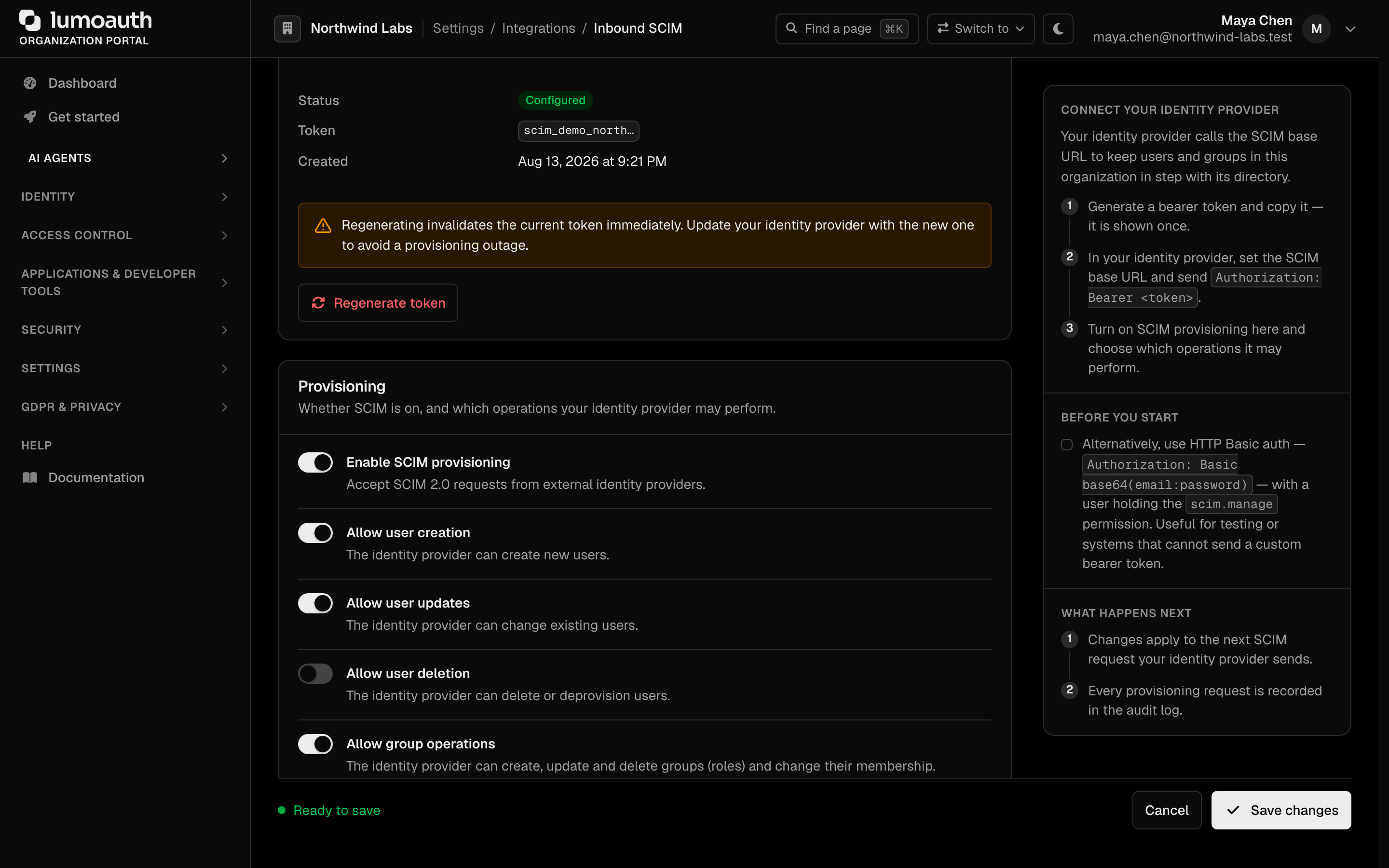 The Provisioning section of the Inbound SCIM page with the policy toggles