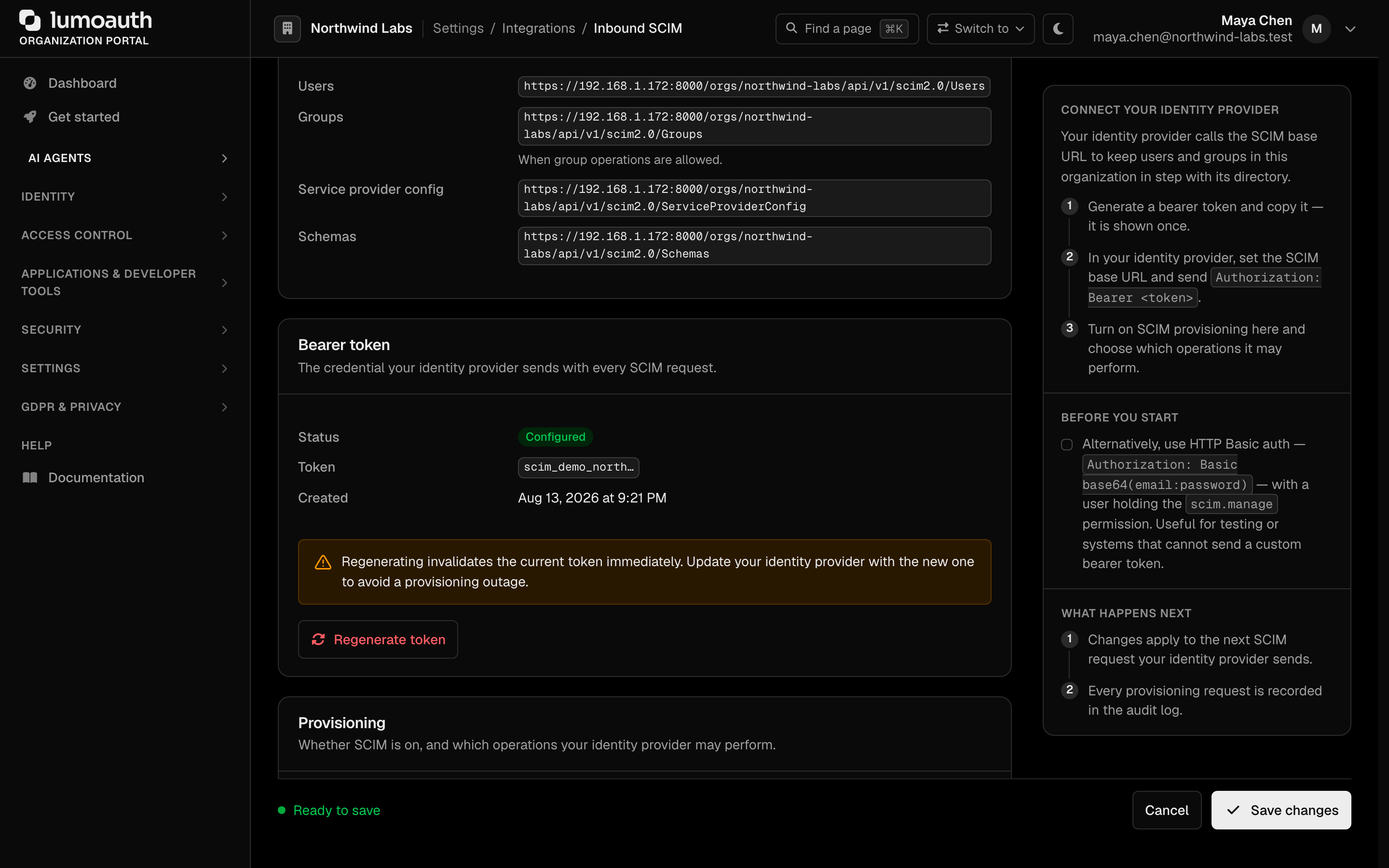 The Bearer token card on the Inbound SCIM page with the Generate bearer token button