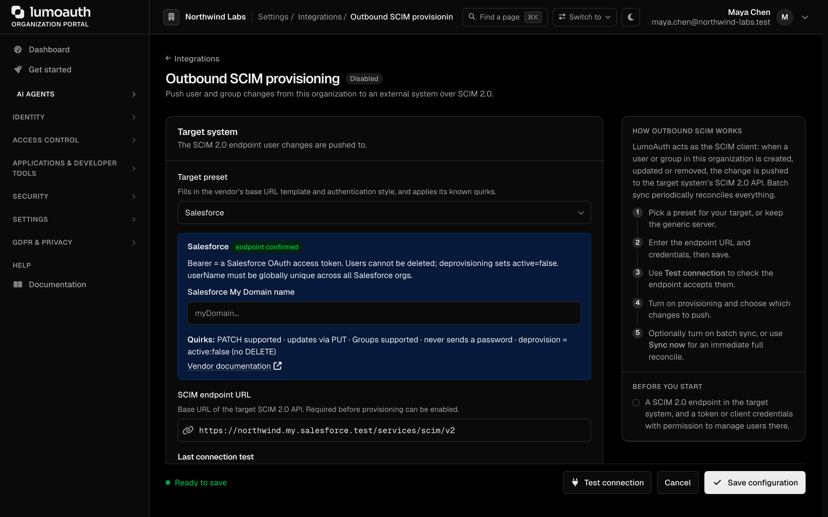 The Outbound SCIM provisioning page with the Target preset selector and SCIM endpoint URL
