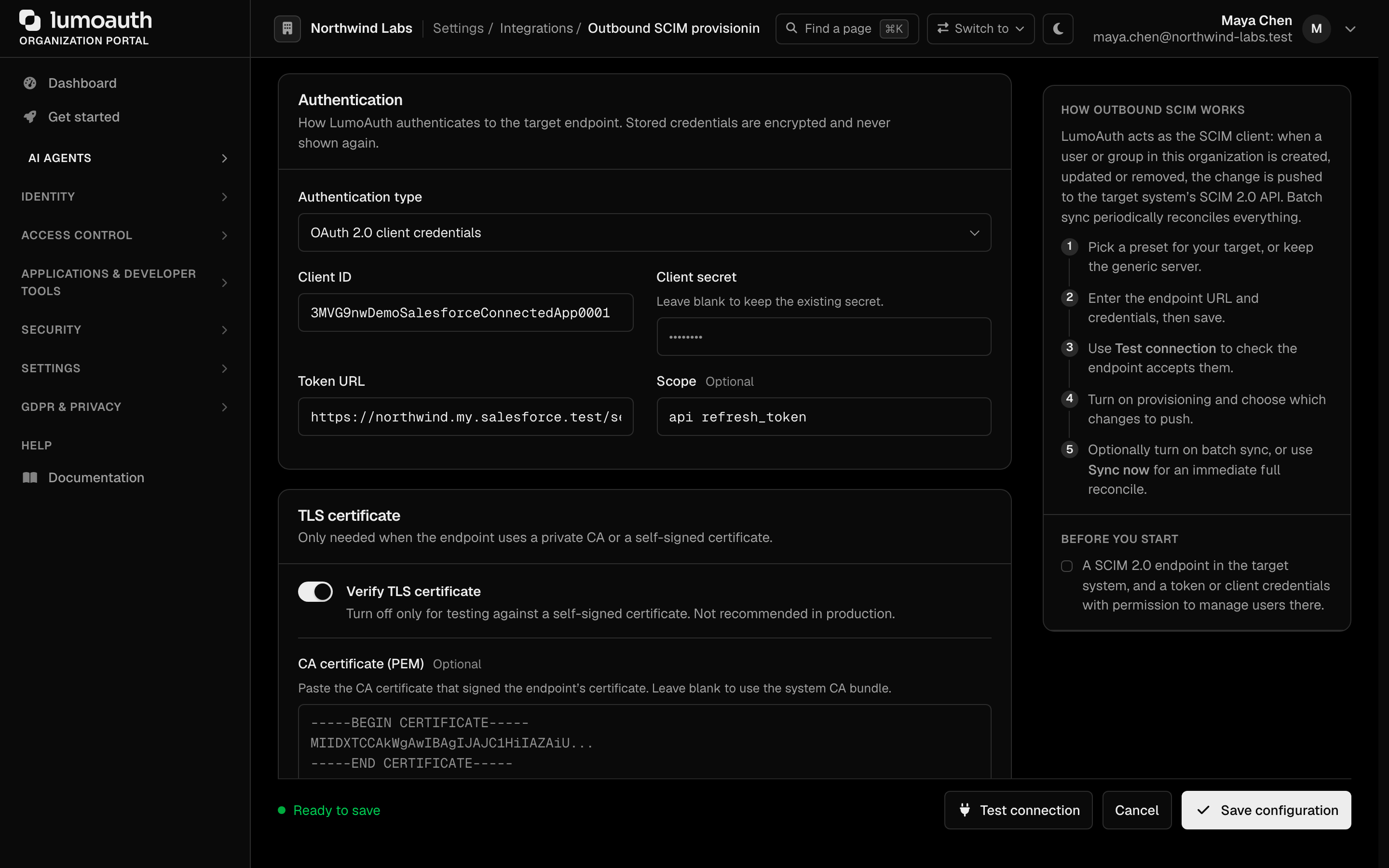 The Authentication section with OAuth 2.0 client credentials selected, showing the client ID, client secret, token URL and scope fields
