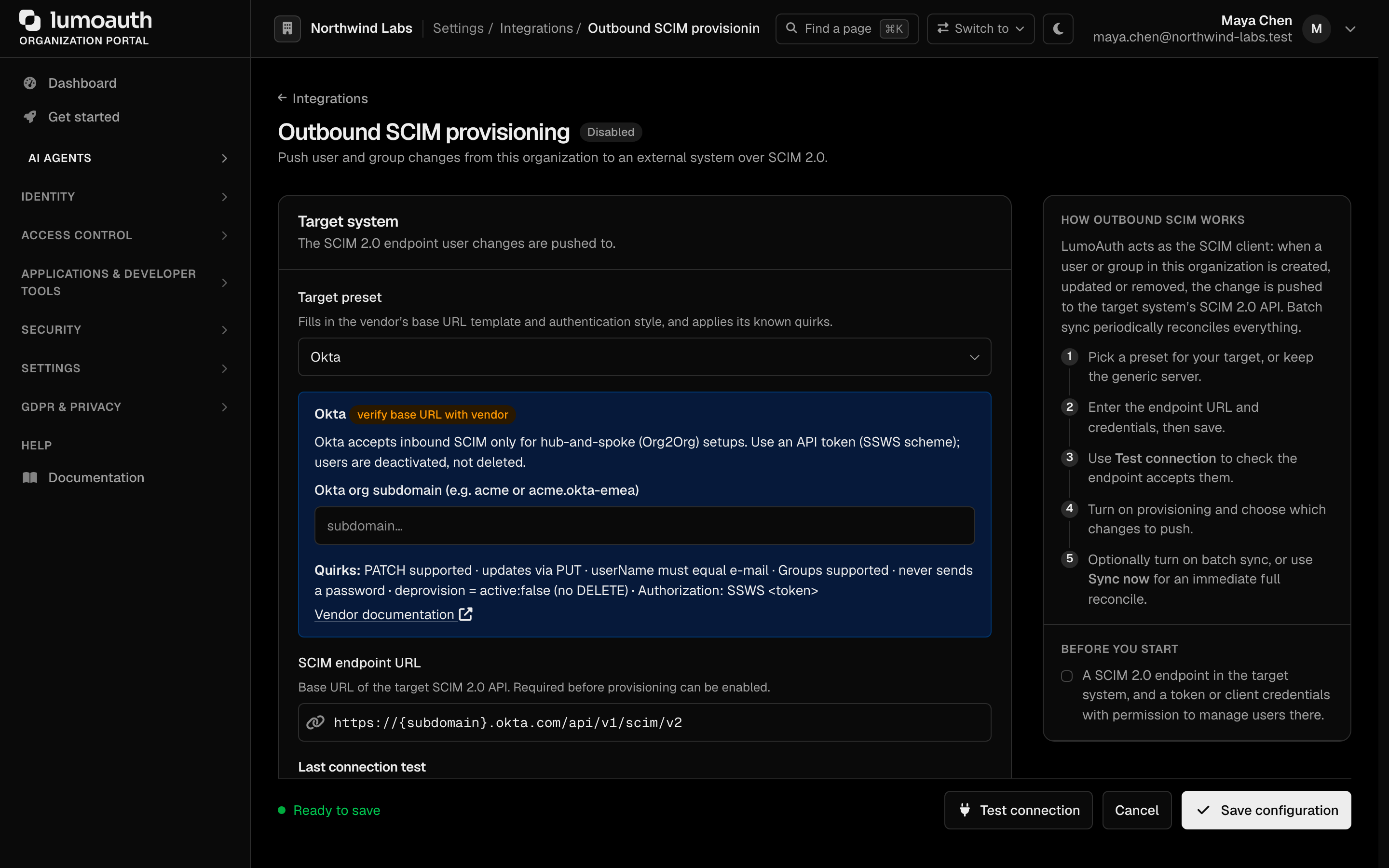 The Okta preset selected, showing its notes, placeholder field, quirks and vendor documentation link