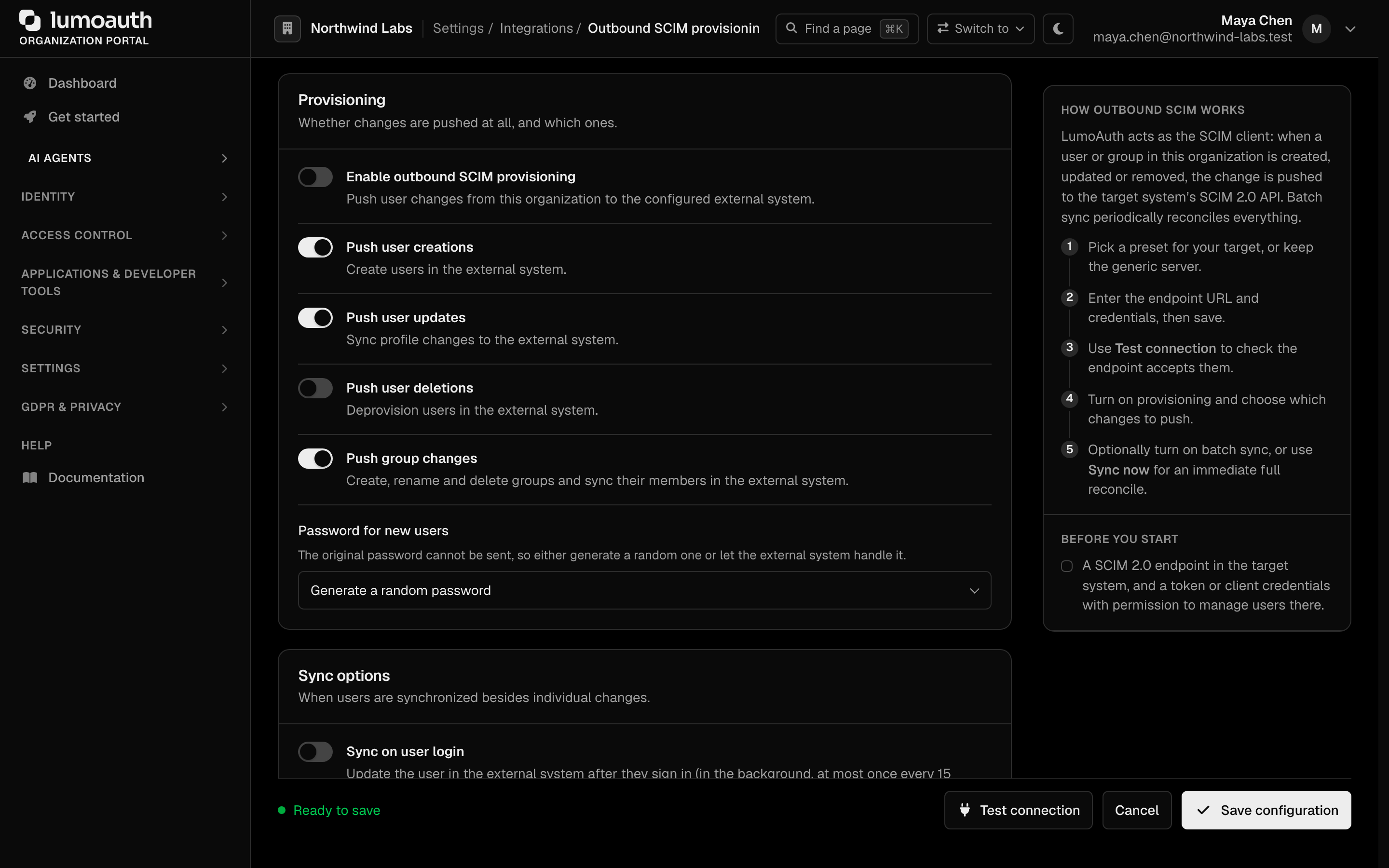 The Provisioning switches on the Outbound SCIM page