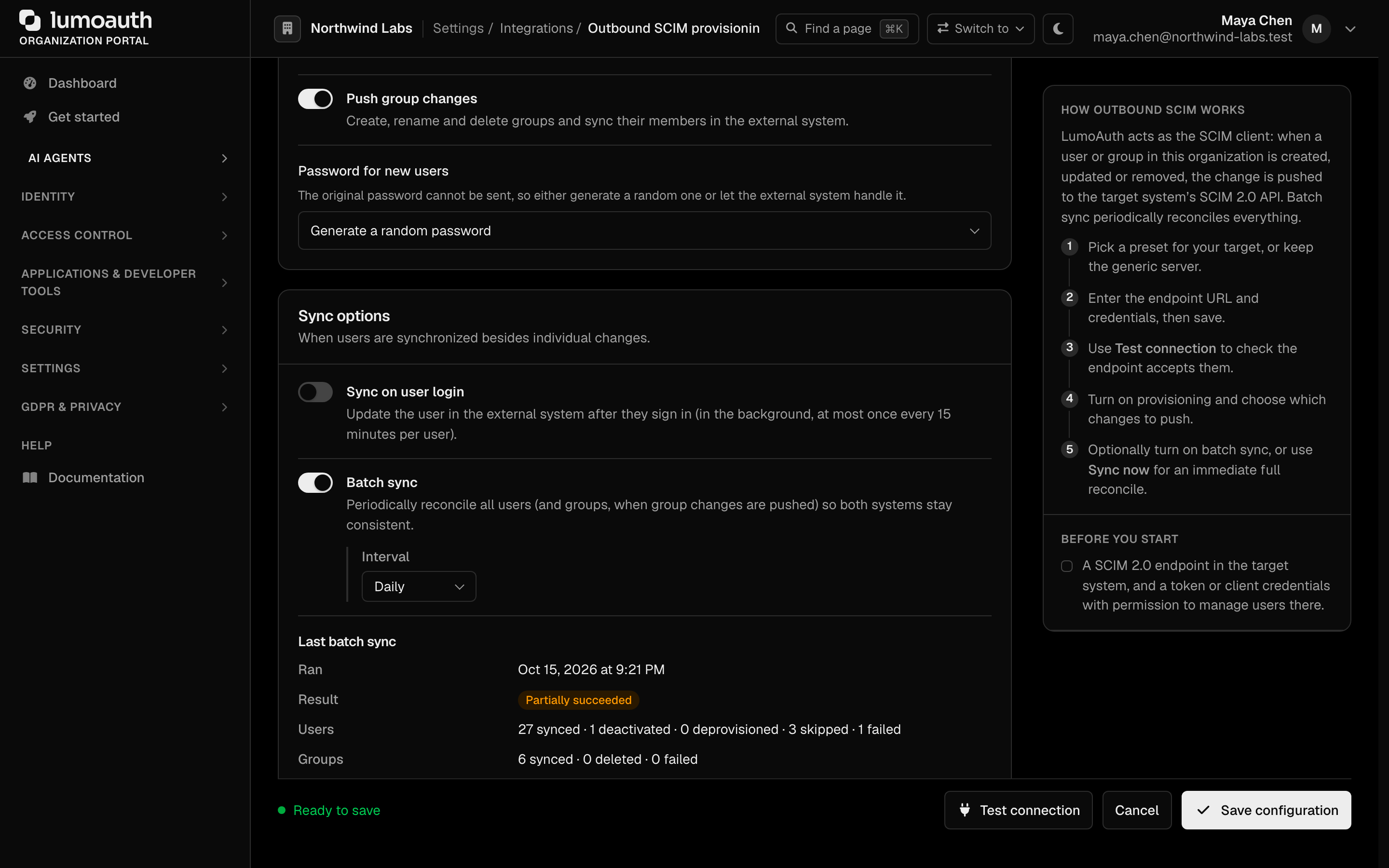 The Sync options section with the Sync on user login and Batch sync switches and the last batch sync status