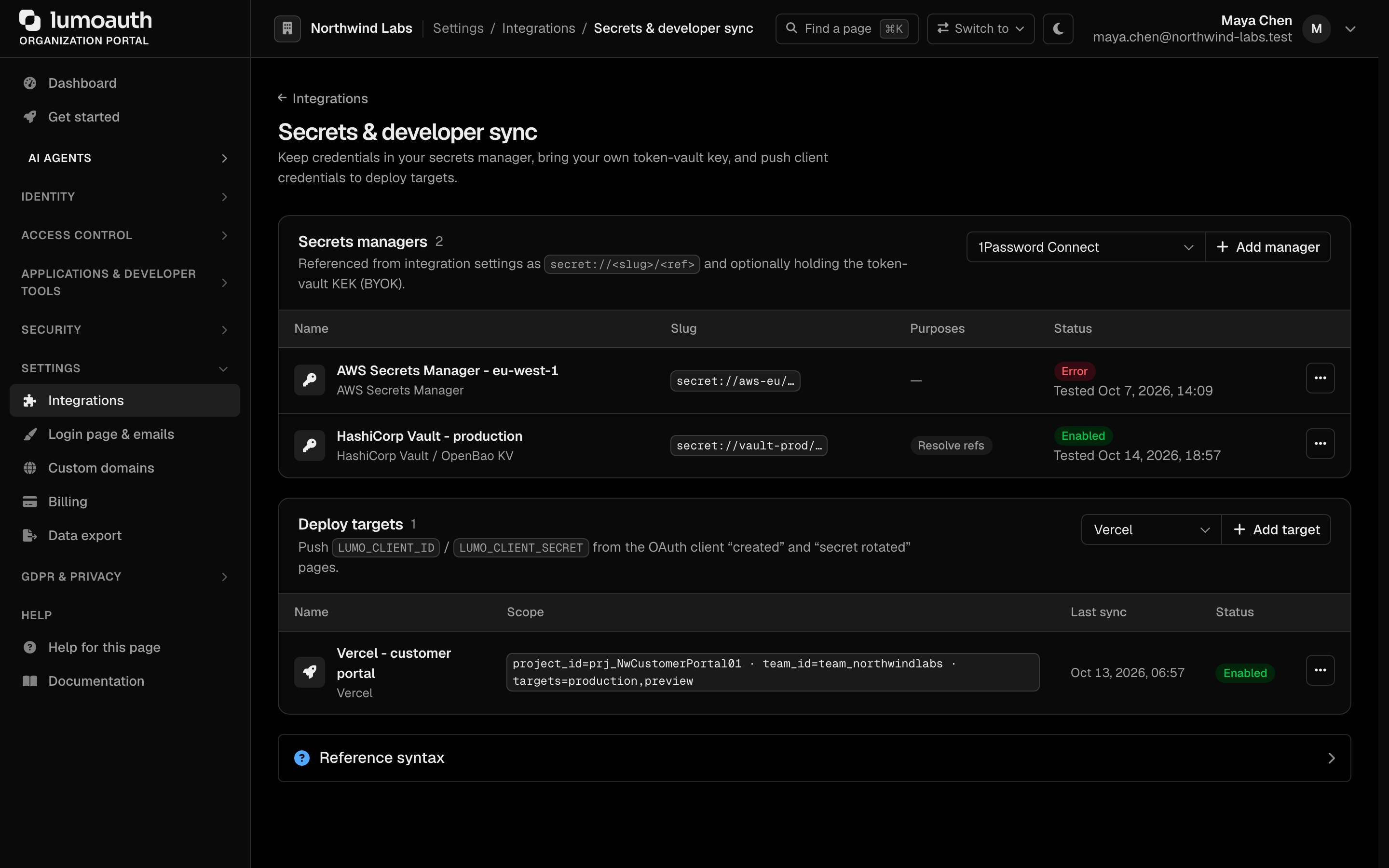 The Secrets &amp; developer sync page with the Secrets managers and Deploy targets lists
