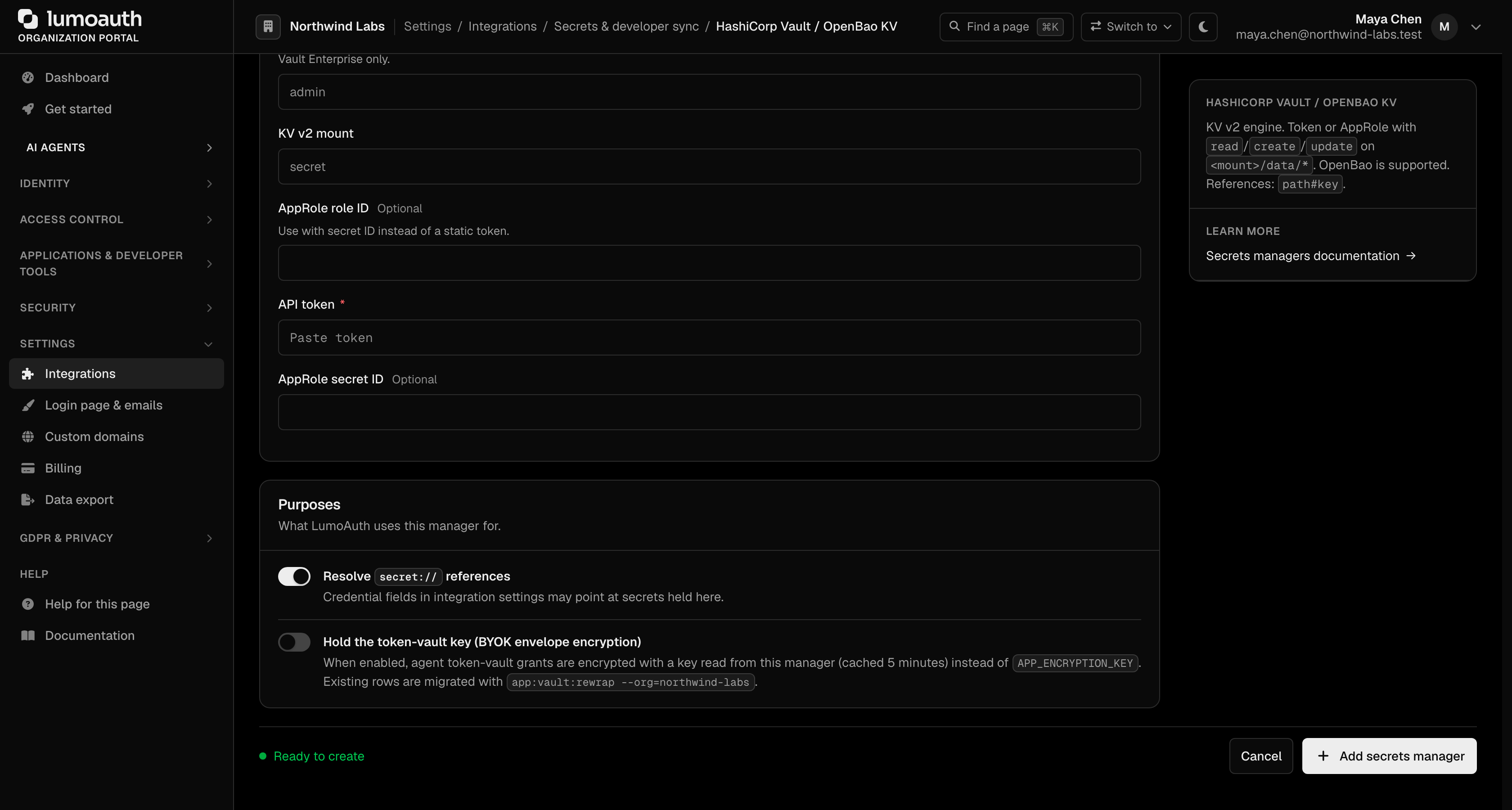 The Purposes section with the resolve references and token-vault key switches