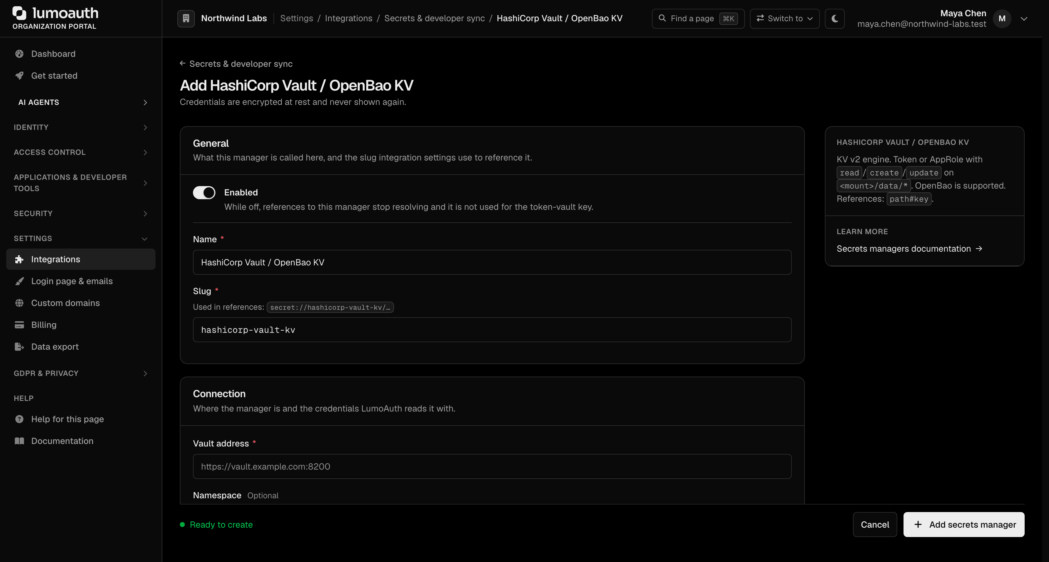 The Add HashiCorp Vault / OpenBao KV form with the Enabled switch, name and slug