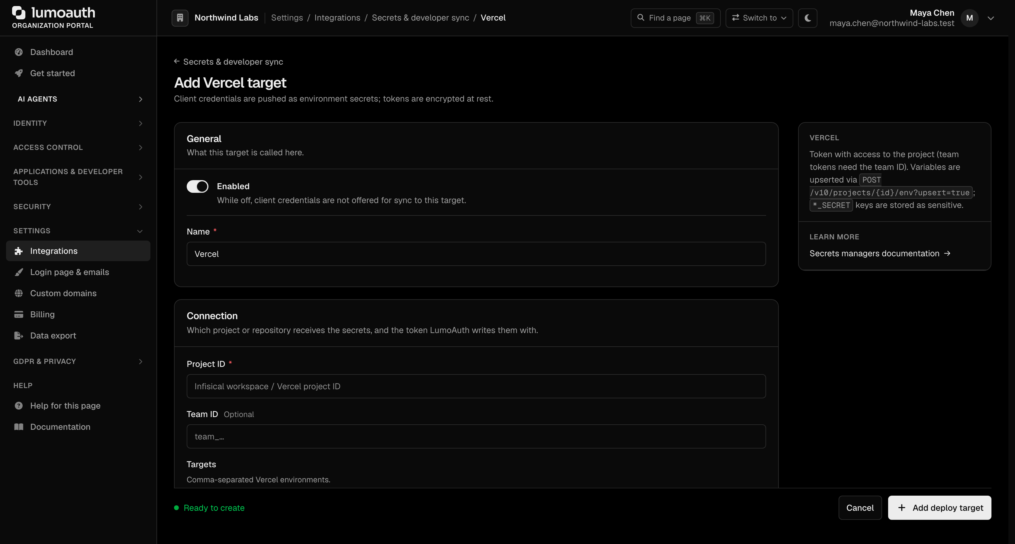 The Add Vercel target form with the Enabled switch, name and project ID