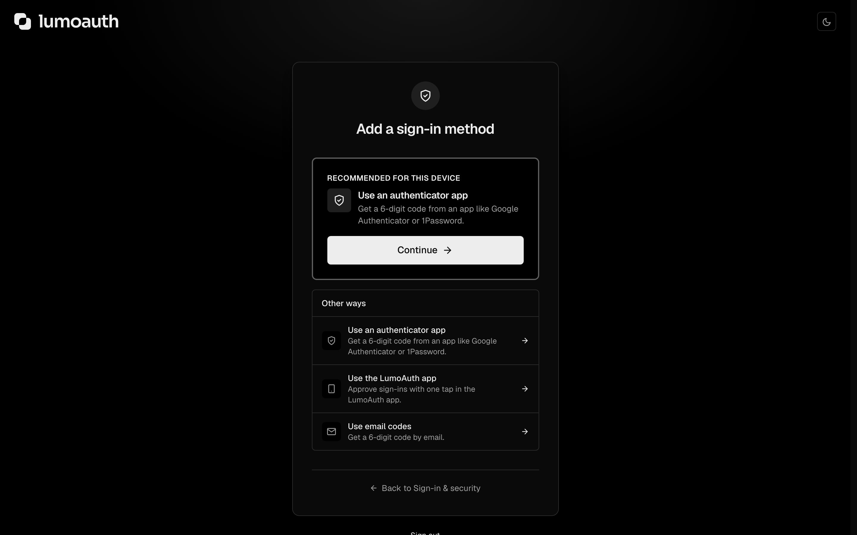 The enrollment screen listing Use the LumoAuth app among the available methods