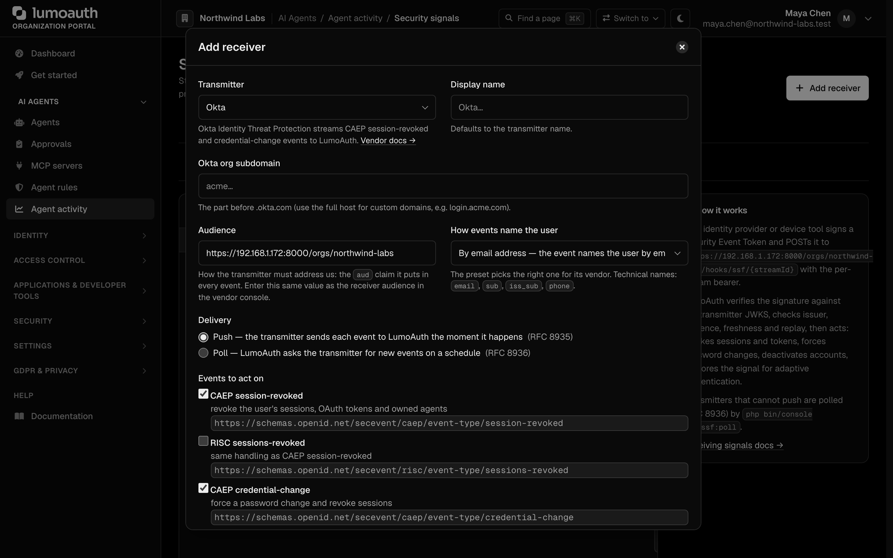 The Add receiver dialog with the Okta preset selected