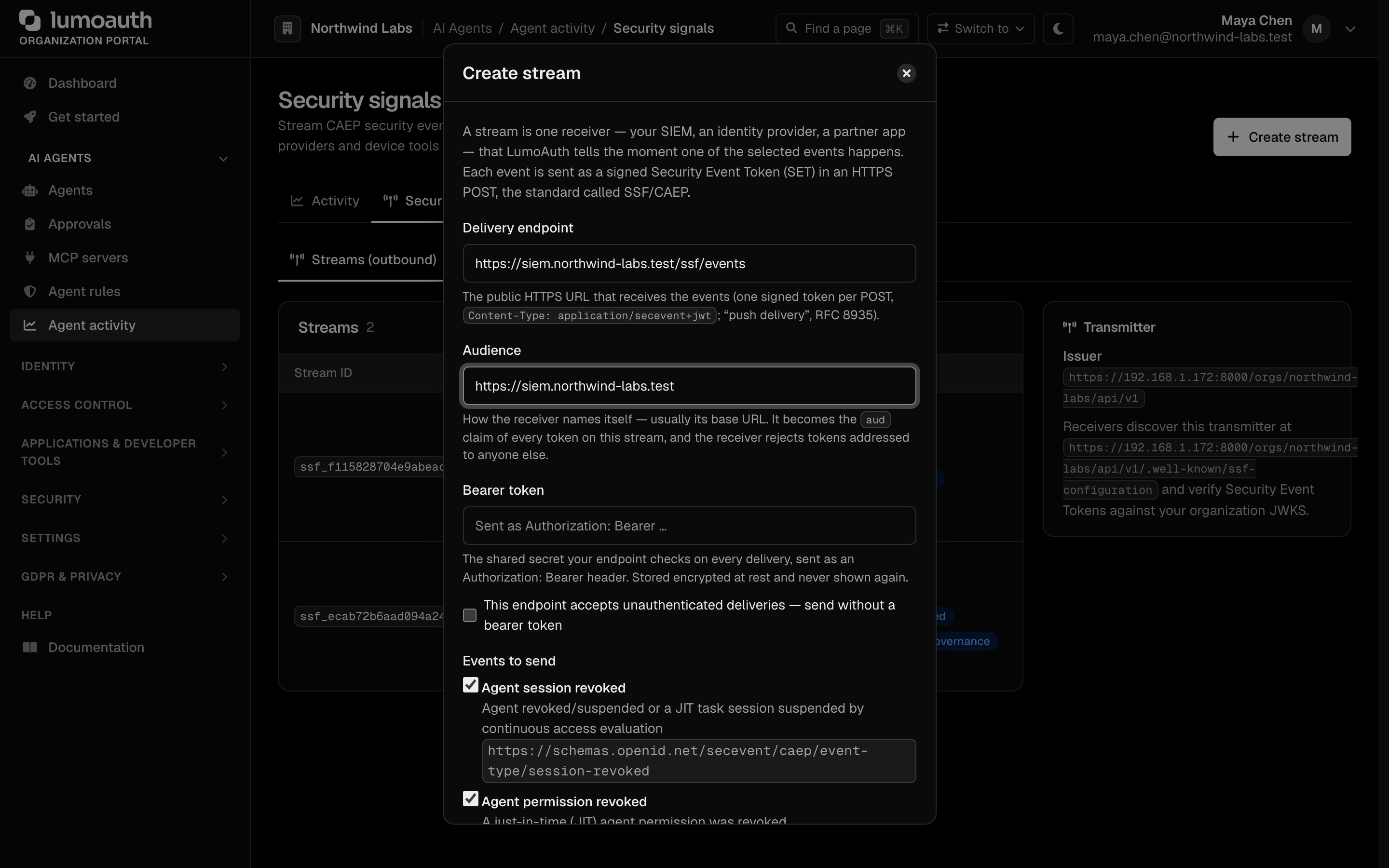 The Create stream dialog on the Security signals page