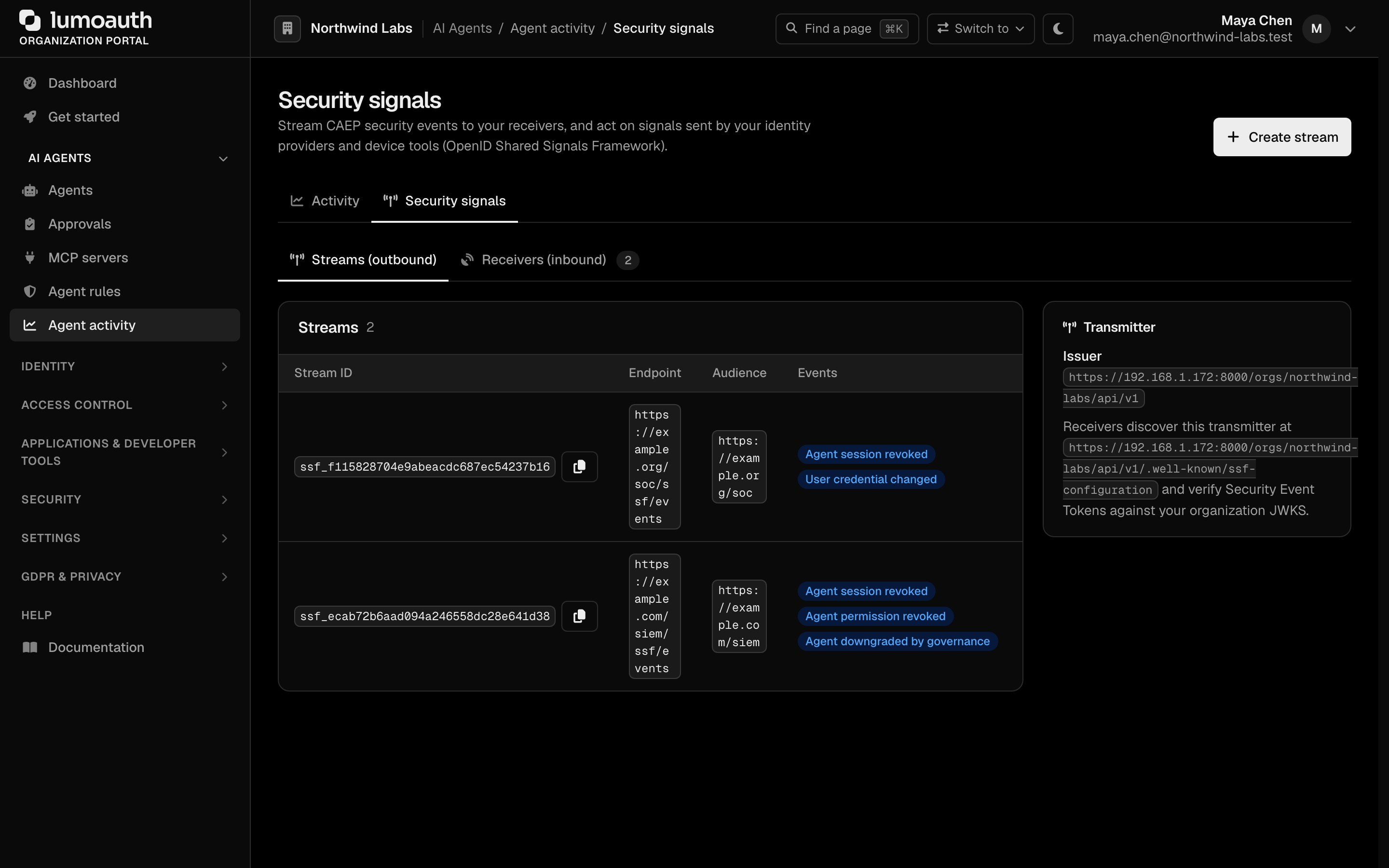 The Security signals page with the Streams (outbound) and Receivers (inbound) tabs