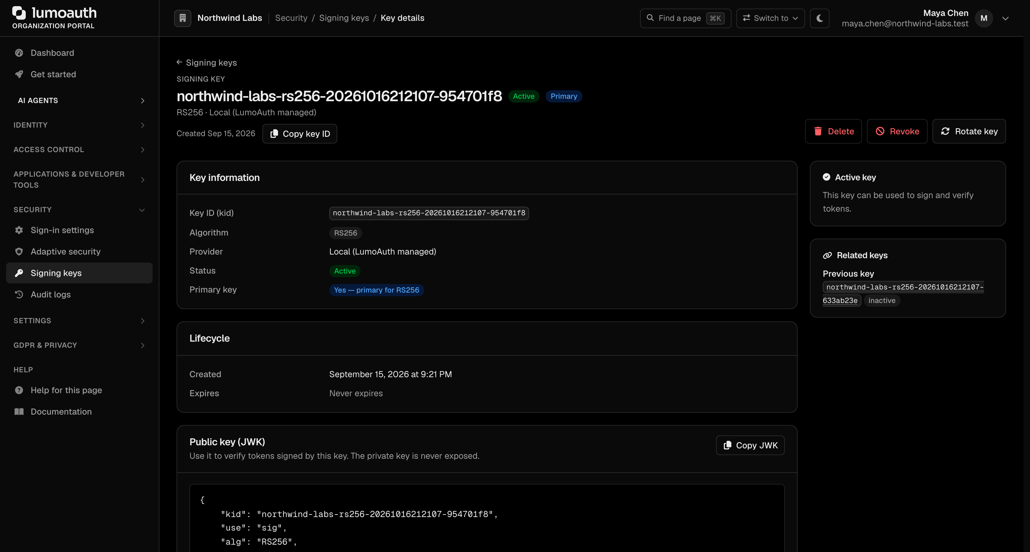 A signing key's detail page with its key information and the Delete, Revoke and Rotate key buttons