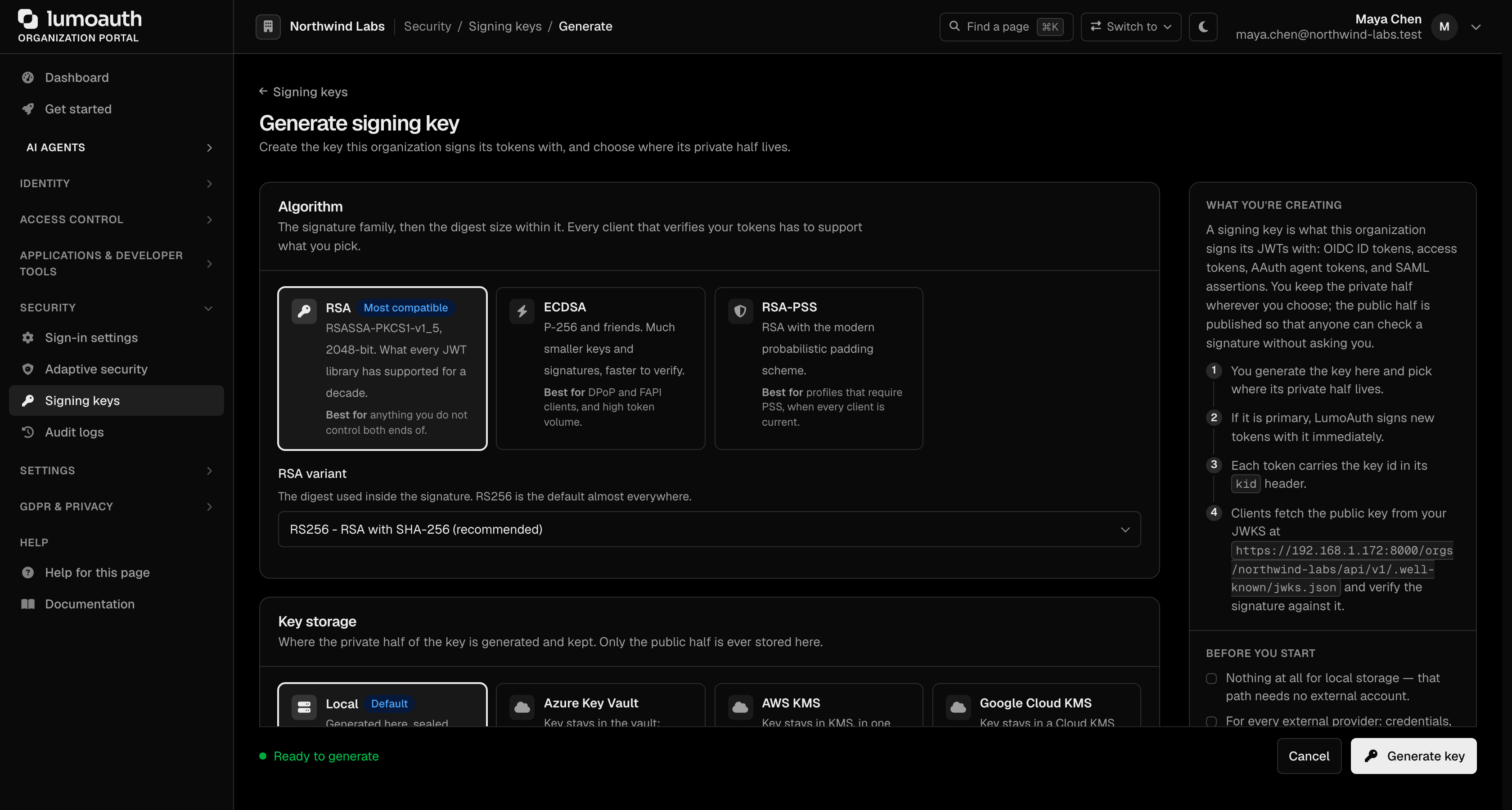 The Generate signing key page with the algorithm choices
