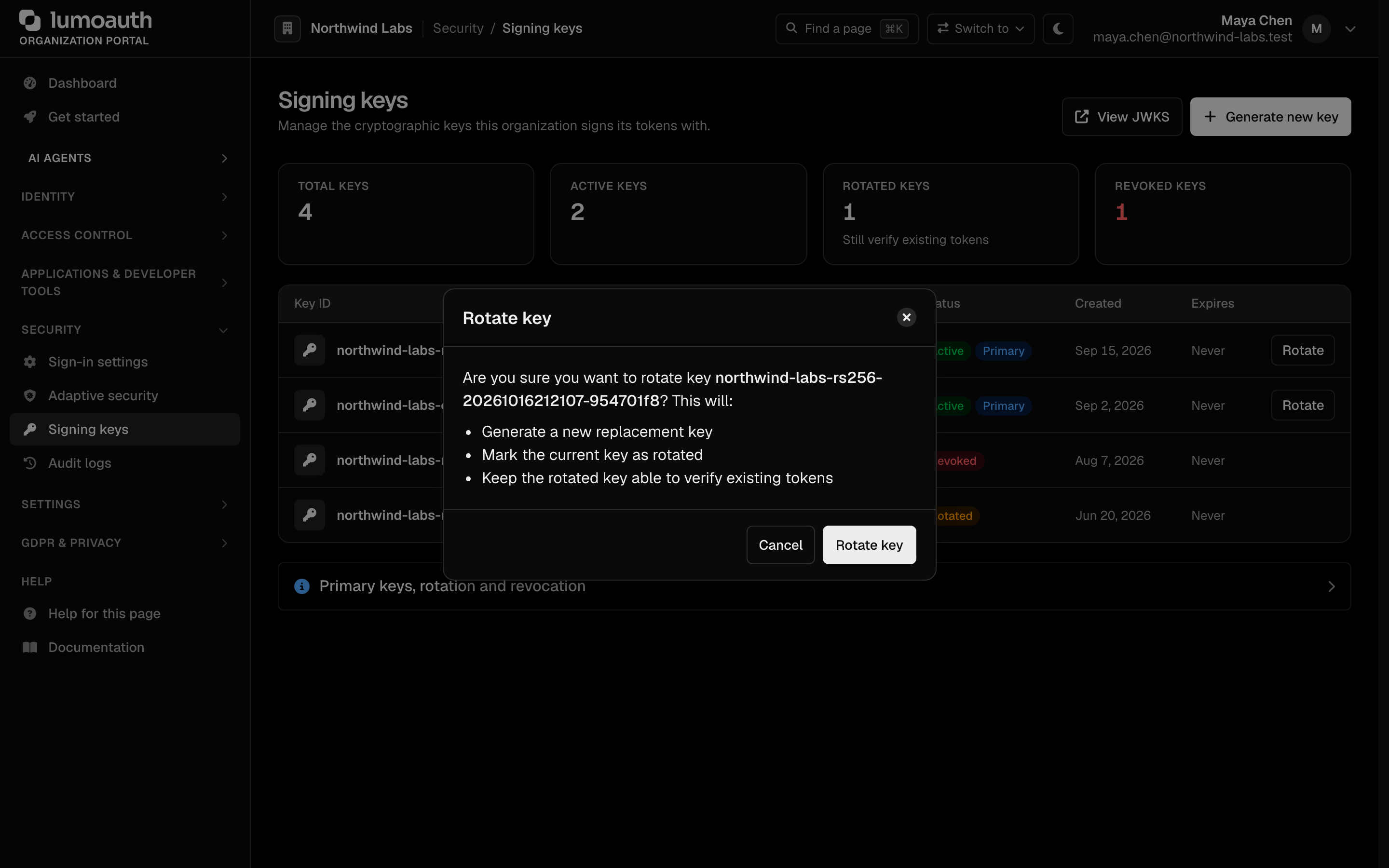 The Rotate key confirmation dialog on the Signing keys page
