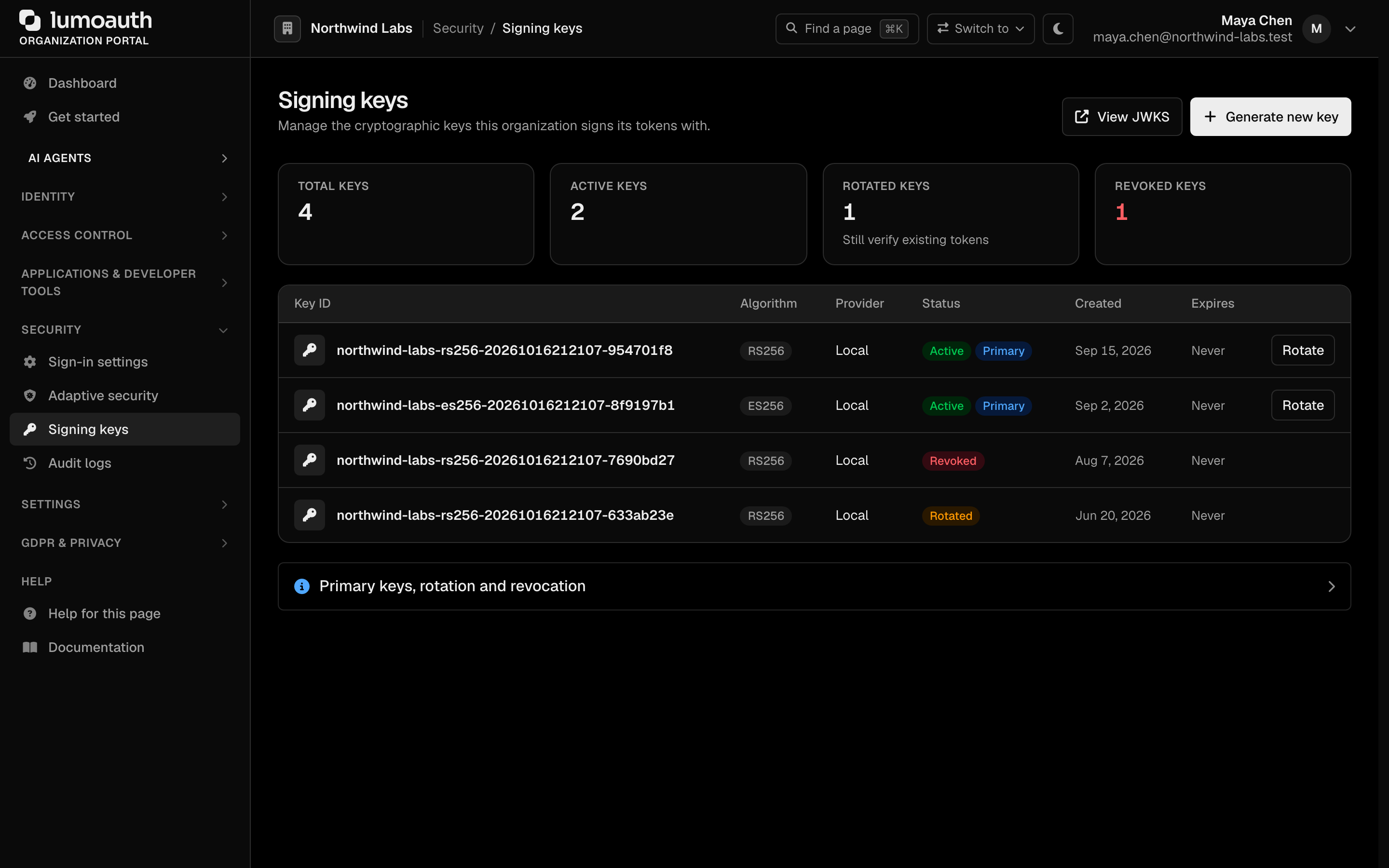 The Signing keys page with the key list and the Generate new key button