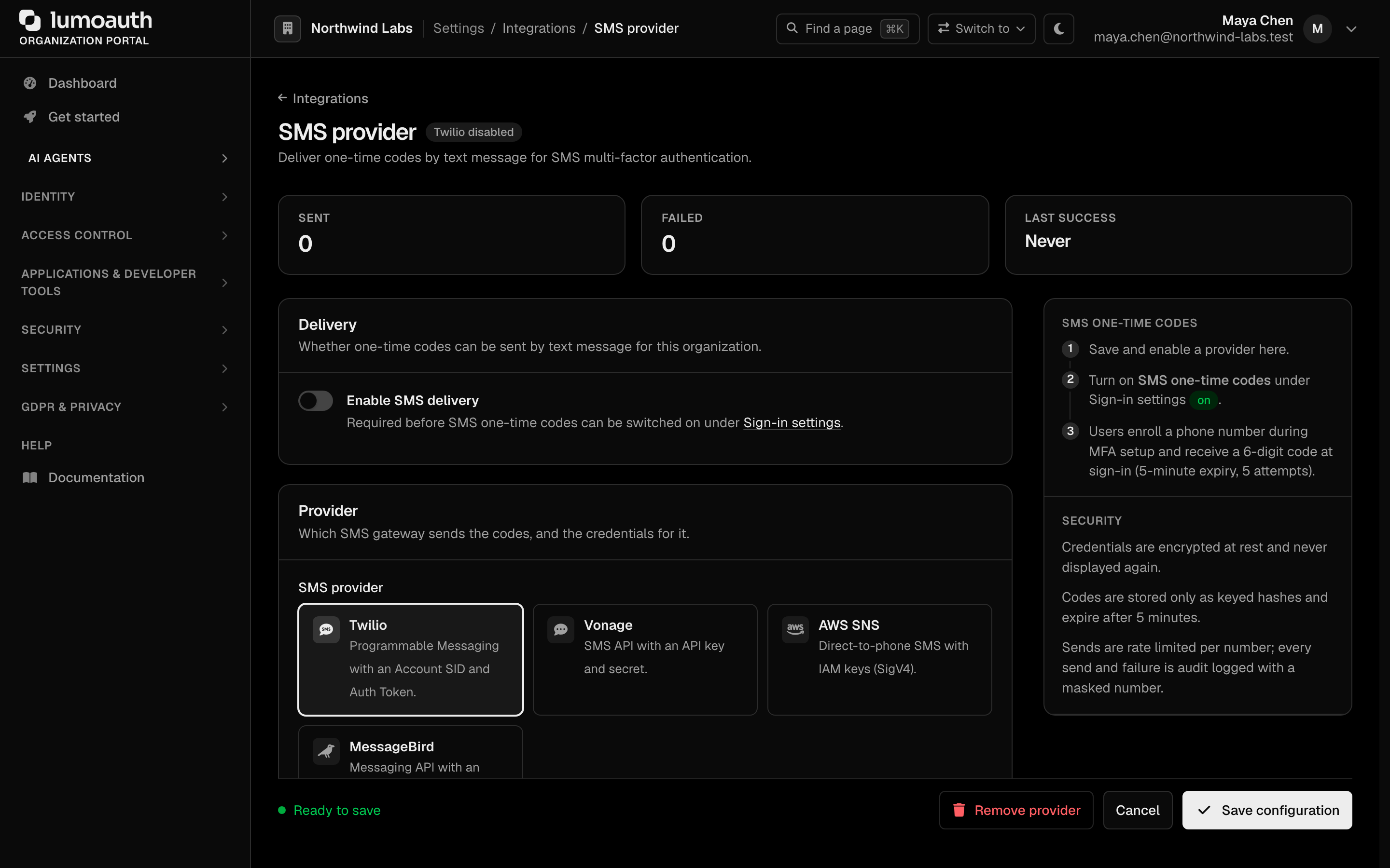 The SMS provider page with the Enable SMS delivery switch and the provider choices