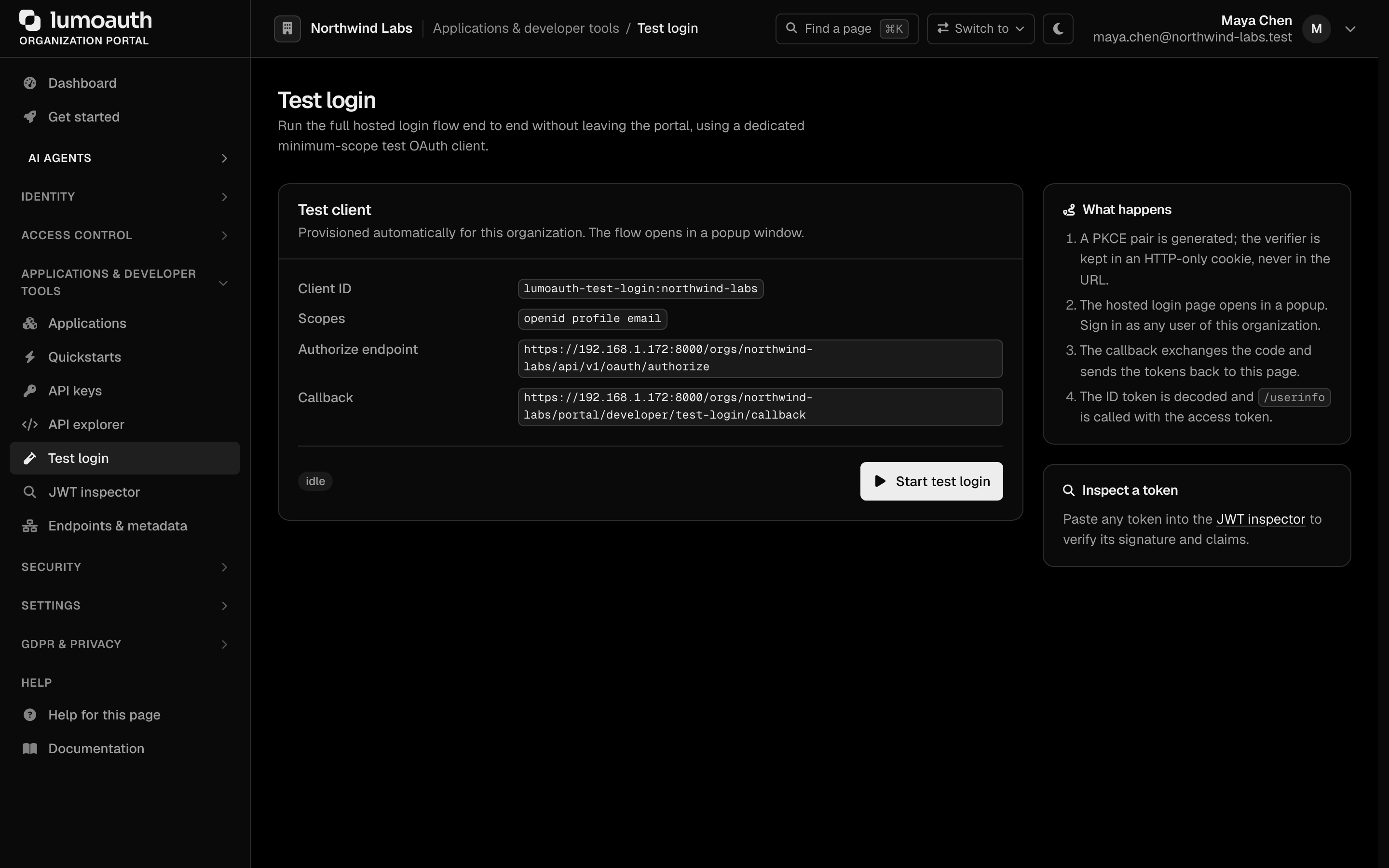 The Test login page with the Start test login button