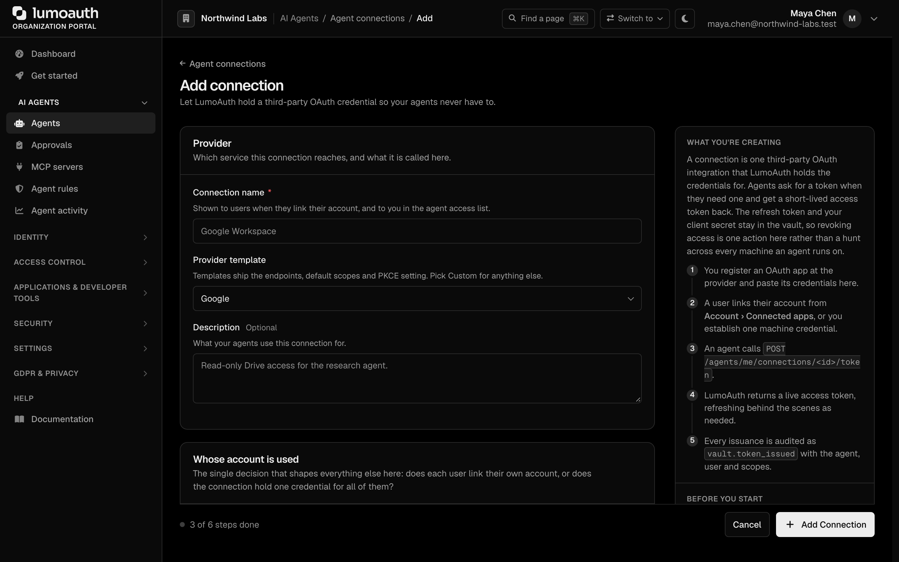 The Add connection form with the connection name and provider template