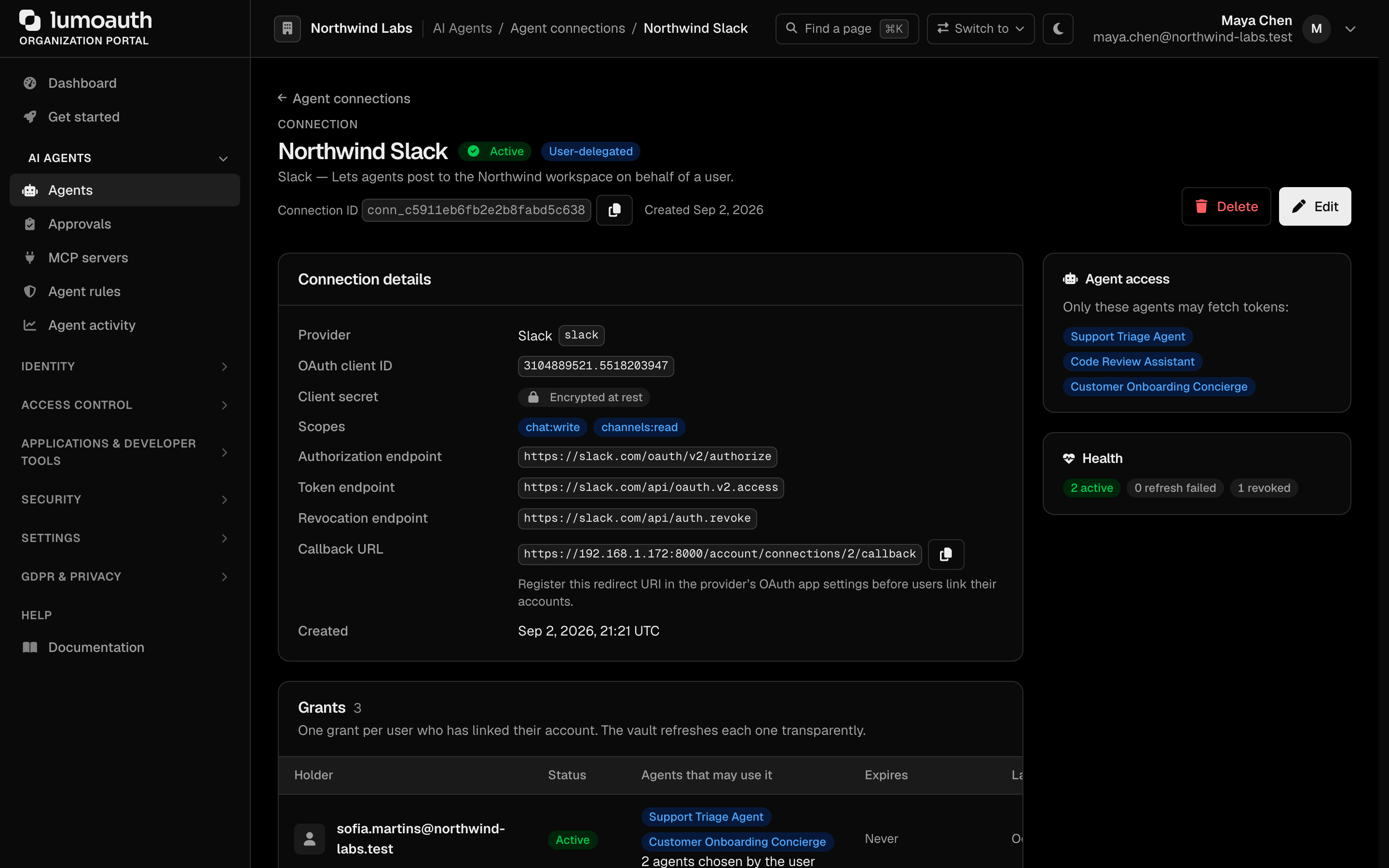 A connection's detail page with its callback URI, agent access, health and grants