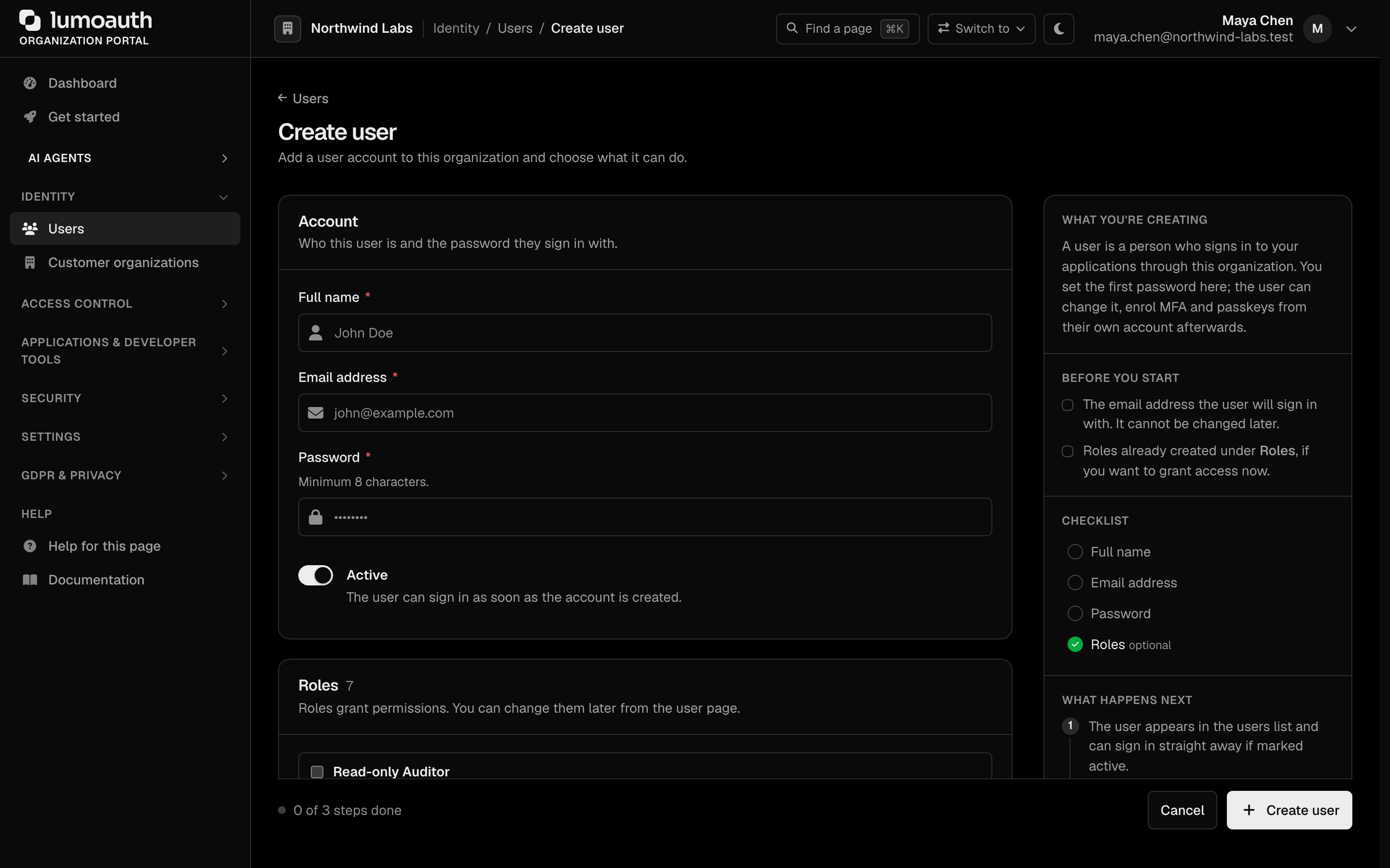 The Create user form with name, email, password, the Active switch and roles