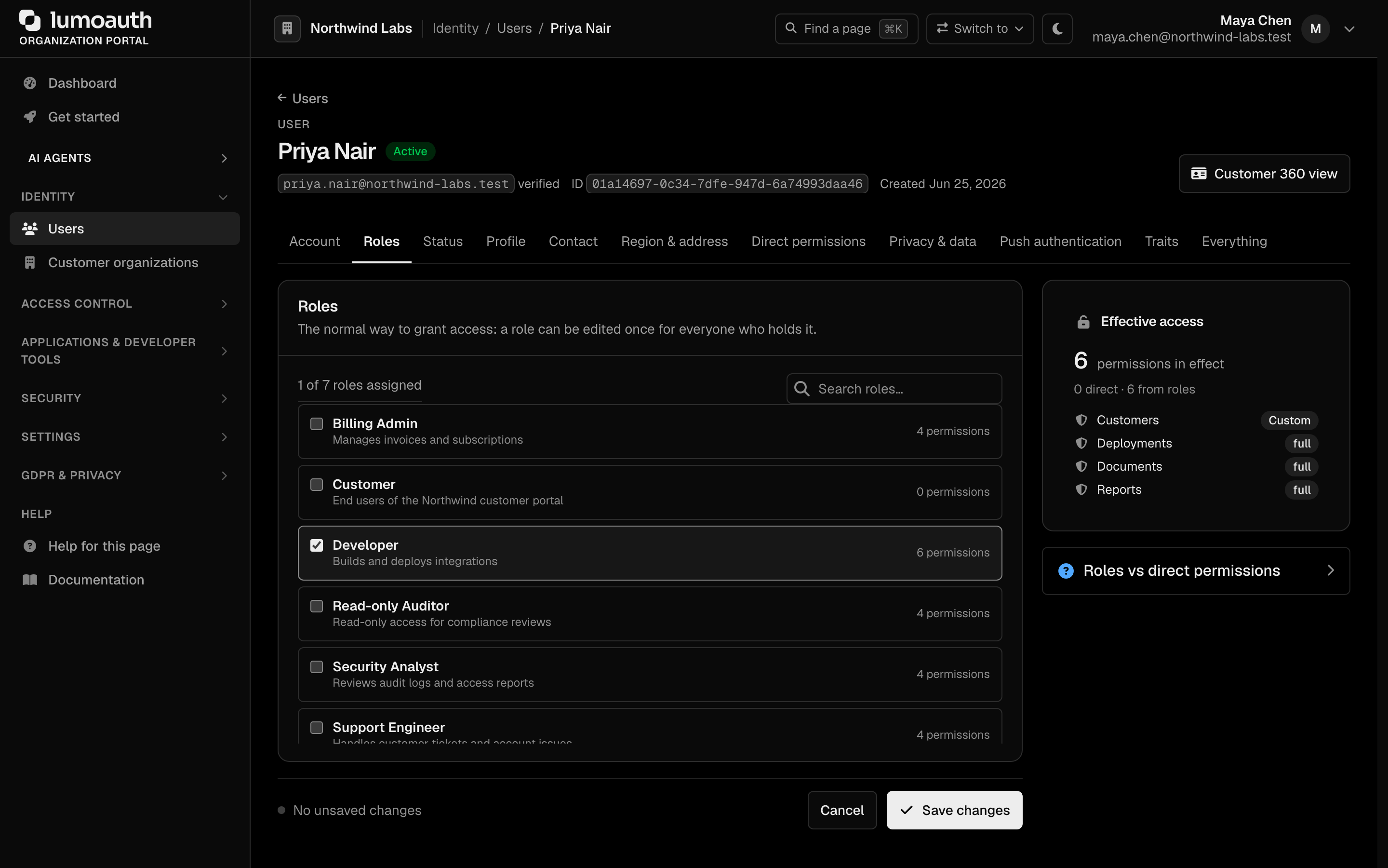The Roles tab of a user's page with the available roles as checkboxes