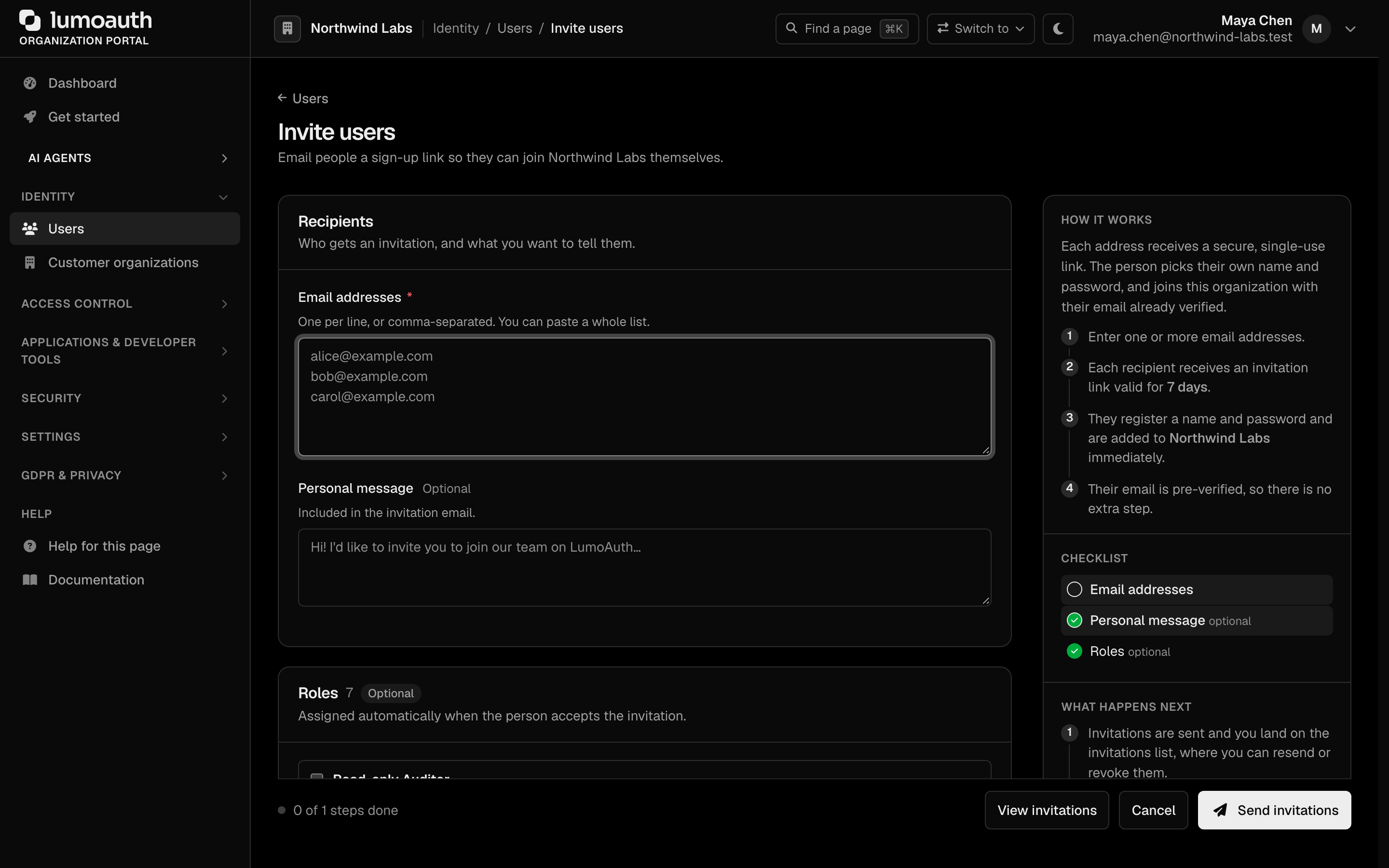 The Invite users form with email addresses, a personal message and roles