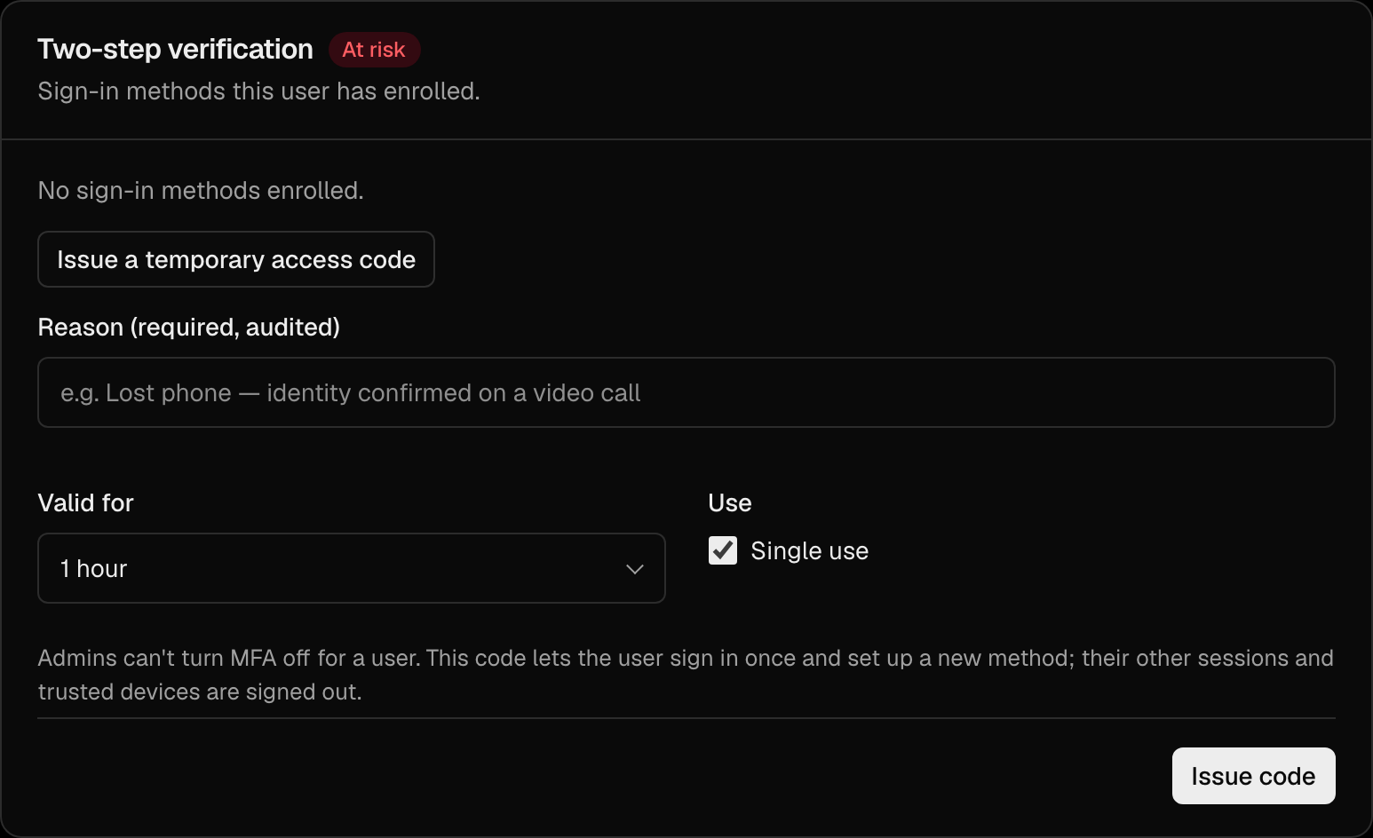 The Two-step verification section of a user's page with Remove and the temporary access code form