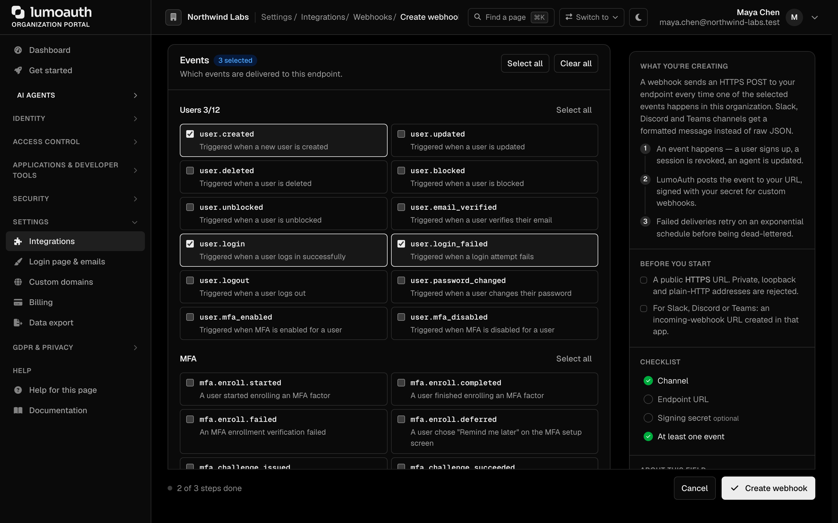 The Events section of the webhook form with event checkboxes grouped by category