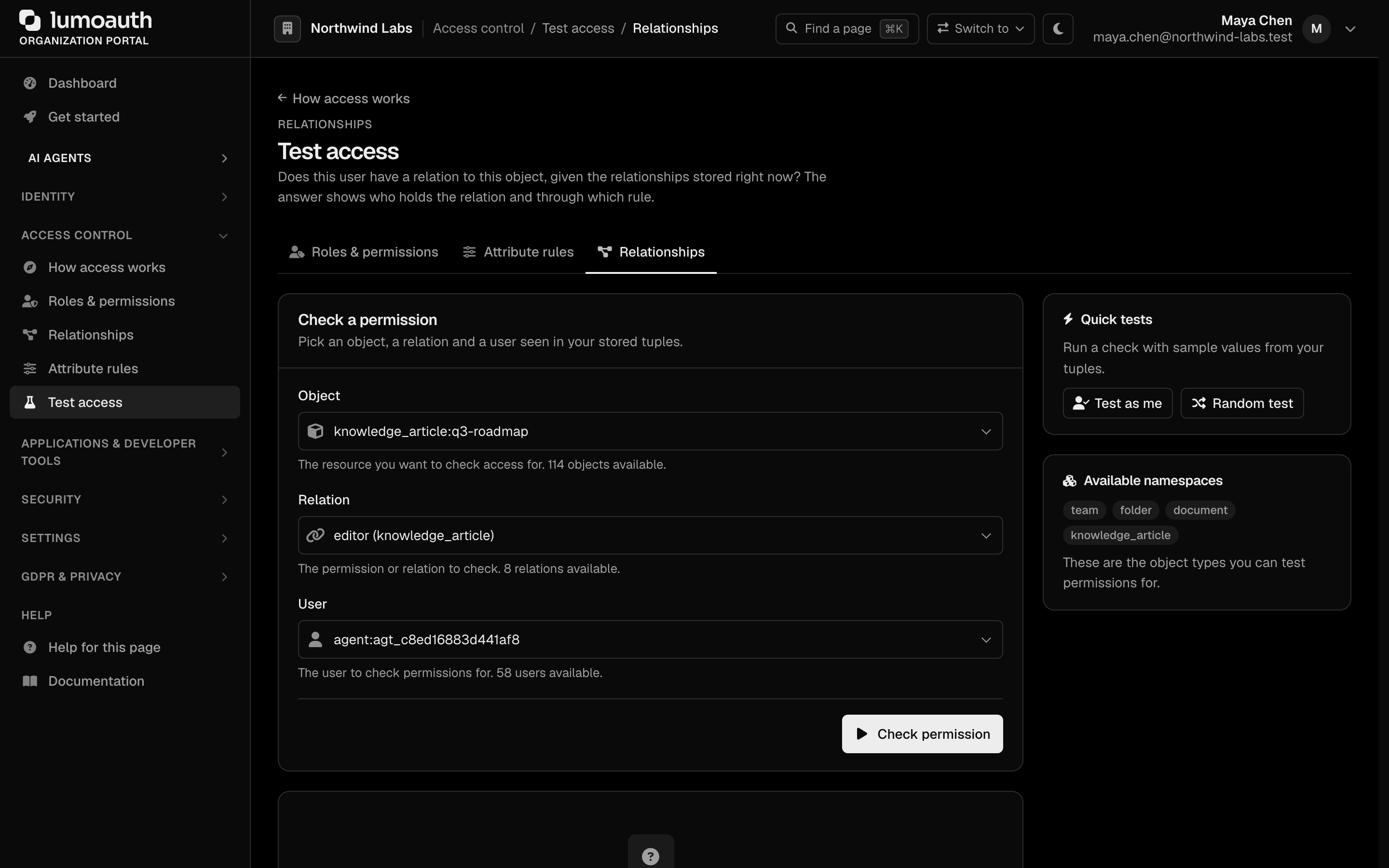 Test access in Relationships mode, with an object, relation and user picked from the stored tuples and the Quick tests panel